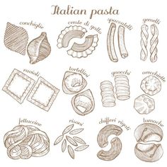 italian food hand drawn set with different types of pasta and other items illustration on white background