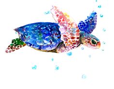 a watercolor painting of a sea turtle swimming in the ocean with bubbles on it's back