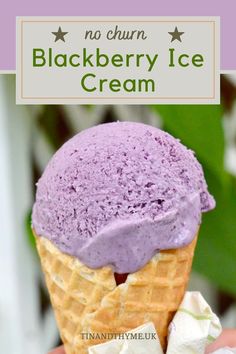 no churn blackberry ice cream in a waffle cone with the text, no churn blackberry ice cream