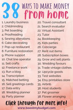 a pink poster with the words 28 ways to make money from home in blue font