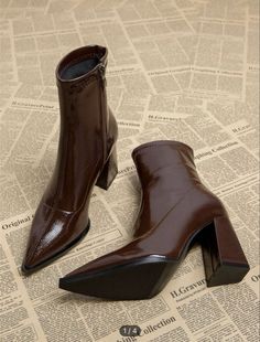 Cute brown heel boots Brown Pointed Toe Heels For Winter, Winter Pointed Toe Heels With Stacked Heel, Winter Heels With Stacked Heel And Pointed Toe, Brown Block Heel Winter Heels, Brown Block Heel Winter Shoes, Boots Thick, Elegant High Heels, Heels High, Accessories Bags Shoes