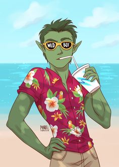 a cartoon character with sunglasses on drinking from a drink in front of the ocean and holding a straw