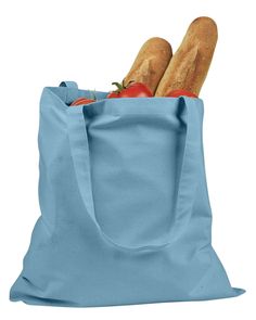 a blue bag filled with bread and tomatoes