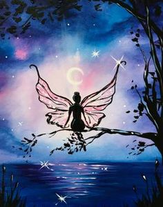 a painting of a fairy sitting on a tree branch with stars and moon in the sky