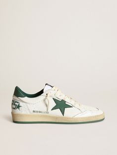 Women's Ball Star in white nappa leather with green leather star and heel tab | Golden Goose Golden Family, Exclusive Sneakers, Golden Goose Sneakers, Star Shoes, Star Sneakers, Golden Goose, Green Leather, Shoe Game, Nappa Leather