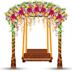 a wooden bench with flowers and greenery on it for a wedding ceremony or celebration