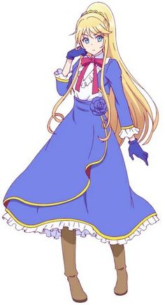 an anime character with long blonde hair wearing a blue dress and holding her hand on her hip