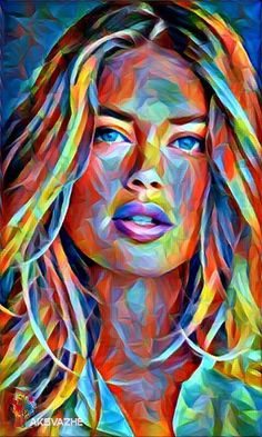 a painting of a woman's face with blue eyes and blonde hair, in an abstract