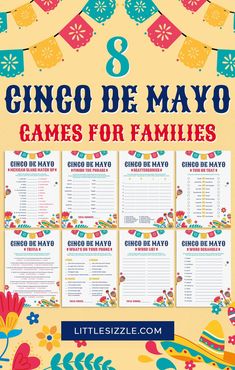 a poster with the text 8 cinco de mayoo games for families on it