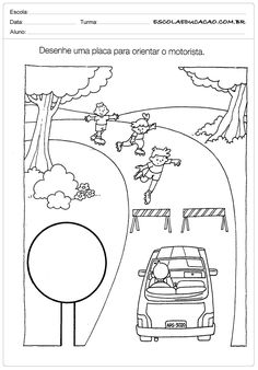 a coloring page with an image of a car driving down the road in front of a tree