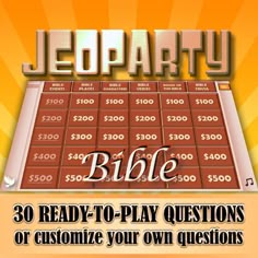 the jeopa party bible game is shown in gold and red with an orange background