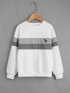 White Casual Collar Long Sleeve Polyester Colorblock,Dinosaur Pullovers Embellished Slight Stretch Spring/Fall Boys Clothing Full Sleeve Tshirt, Boys Sweatshirts, Sweatshirts Online, Boys Hoodies, Hooded Coat, Boys Clothing, Dinosaur Print, White Casual, White Sweatshirt