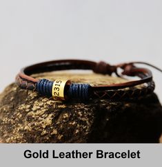 Mens Leather Bracelet, Knotted leather bracelet, gold ring, dad, Personalized, coordinate, husband, adjustable, genuine leather, father Gift Stainless Steel The unit price is for only one bracelet Looking for your exact coordinate here: https://www.latlong.net/ Custom hand stamped Bracelet, Personalized any information on the bracelet, the best gift for boyfriend or girlfriend, best friends, mom, dad etc. unisex style. Details: End: slot side adjustable to any wrists Color of the leather: Brown / Black/Navy Blue Raw materials: wax cord rope+Stainless Steel Metal color: Stainless Steel Max characters: 17 per line To see more different styles handmade bracelets, click https://www.etsy.com/shop/HandmadeTalent If you like my shop, just fav it, if you want the bracelets, you can add to your sho Adjustable Gold Leather Bracelets, Gold Waxed Cord Bracelets For Gifts, Gold Leather Bracelets As Gift, Gold Leather Bracelet As Gift, Gold Leather Bracelet For Gift, Adjustable Gold Leather Bracelet Engraved, Gold Engraved Leather Bracelet Gift, Adjustable Gold Leather Bracelet For Father's Day, Adjustable Gold Leather Friendship Bracelet