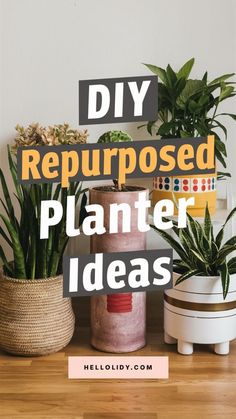 some houseplants are sitting on a table with the words diy repurposed planter ideas