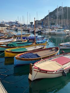 many small boats are docked in the water