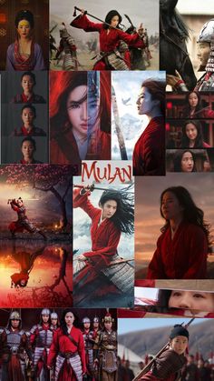 many different pictures of women in red and black outfits, with the words mulan on them