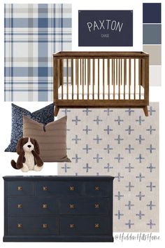 Baby boy nursery decor mood board with navy blue and brown tones Navy Furniture Nursery, Navy And Tan Nursery, Navy Dresser Nursery, Navy Blue Crib Nursery, Wallpaper For Boy Nursery, Denim Blue Nursery, Navy Crib Nursery, Blue Plaid Nursery, Baby Boy Nursery Blue And Gray