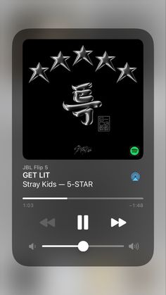 an mp3 player with five silver stars on it's screen and the words get lit, stay kids - 5 - star