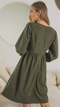 The Evelyn Corduroy Dress: Square Neck, Balloon Sleeves, and Pockets - Oh My! Corduroy Dress Outfit Winter, Corduroy Dress Outfit, Dress Square Neck, Winter Dress Outfits, Fall Winter Dresses, Fashion Tops Blouse, Wedding Fun, Teacher Teacher, Tops Blouse