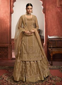 Buy Beige Golden Net Lehenga/Pant Suit In USA, UK, Canada, Australia, Newzeland online Net Kurti, Gharara Suits, Kurti Style, Nikkah Dress, Lehenga Suit, Party Wear Lehenga Choli, Lehenga Style, Net Lehenga, Lehenga Choli Online