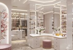 the interior of a luxury dressing room with floral wallpaper and mirrors on the walls