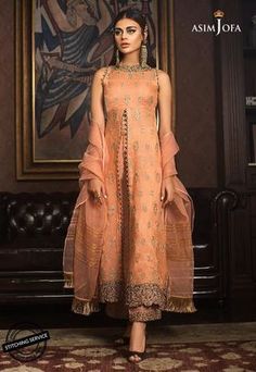 Asim Jofa Organza Collection 2020 Chiffon Suit, Organza Dress, Dress Indian, Earrings Diy, Birthday Party Dress, Indian Designer, Peach Color, Punjabi Suits