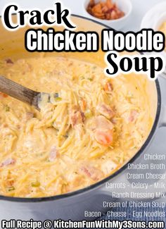 a large pot filled with chicken noodle soup on top of a white tablecloth