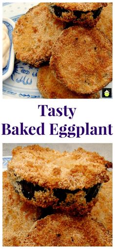 two pictures of baked eggplant on a blue and white plate with the words tasty, baked eggplant