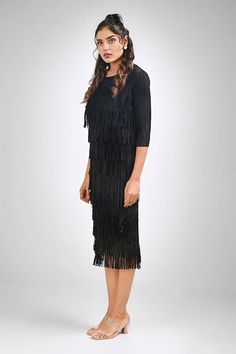 Black fitted dress in a textured base with layered fringed detailing. - Aza Fashions Black Fitted Dress, Layered Fringe, Fringe Dress, Dress For Women, Dress Pattern, Aza Fashion, Fitted Dress, Three Quarter, Free Size