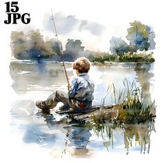 a watercolor painting of a young boy fishing