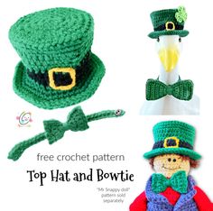 crocheted hats and bow ties for st patrick's day are featured in this article