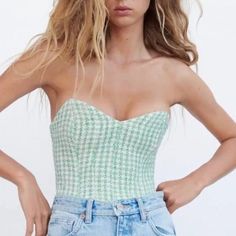 Corset Top From Zara, Blue And Green, Size Medium, Never Worn, Measurements In Photos Save With Bundles! Thanks For Shopping! Structured Corset, Pink Tube Top, Zara Tank Top, Black Tunic Tops, Wardrobe Wishlist, Sleeveless Knit Top, Zach Bryan, Music Fest, Corset Crop Top