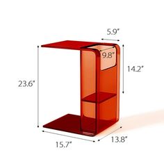 a red shelf with three shelves on each side and measurements for the top half of it