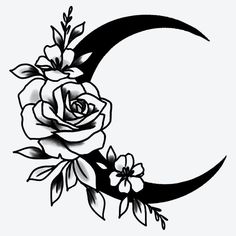 a black and white drawing of a crescent moon with flowers on the end of it