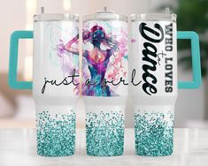 two personalized tumbles with glitter on the bottom and one has an image of a woman