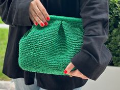 "Make a statement with this elegant raffia green clutch bag, a perfect Hallowen gift that combines style and functionality! Handcrafted with care, this bag features a stunning straw knitted raffia design that exudes natural charm and sophistication. Designed with a hidden metal lock, this clutch bag adds an extra layer of security for your belongings. The metal lock not only enhances the bag's functionality but also adds a touch of uniqueness to its design. This raffia clutch bag is not only stylish but also a thoughtful gift for Mother's Day. Show your appreciation to your mom or any mother figure in your life with this unique and handmade bag that's sure to make her feel special. ✔️ Suitable for use as hand bag, make-up bag or party bag * Timless and guality handmade crochet product ⚠️ I Chic Green Rectangular Pouch, Green Rectangular Pouch For Shopping, Green Rectangular Shopping Pouch, Trendy Green Clutch Pouch, Chic Green Pouch For Daily Use, Chic Green Travel Pouch, Trendy Green Pouch Clutch, Green Rectangular Clutch For Shopping, Green Clutch For Shopping