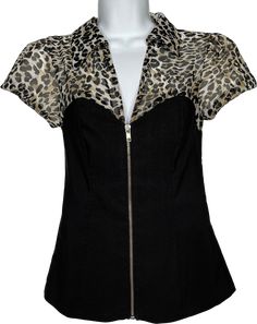 Brand: Frederick's of HollywoodSize: S top from the late 1990's/early 2000'sMade in the USA Sheer leopard print chiffon front/back shoulders and sleevesSolid black fitted stretch bodice with sweetheart bustier necklineFull front zip closureMeasurements:Bust: 14. 5"Shoulder to shoulder: 14"Back collar to hem: 23"No defects noted. Bustier Blouse, Fredericks Of Hollywood, Print Chiffon, Black Fits, Shop Blouses, Bodice, Leopard Print, Chiffon, Hollywood