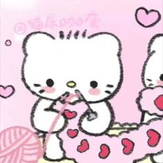 an image of two hello kittys playing with yarn and knitting needles on pink background