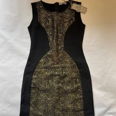 Black And Gold Sleeveless Dress Back Of Dress- All Black Size M Nwt Chic Sleeveless Lined Bodycon Dress, Fitted Black Sleeveless Evening Dress, Sleeveless Lined Bodycon Evening Dress, Black Sleeveless Lined Dress, Elegant Black Lined Sleeveless Dress, Black Sleeveless Lined Dress For Party, Black Stretch Sleeveless Midi Dress, Black Fitted Sleeveless Lined Dress, Fitted Black Sleeveless Lined Dress