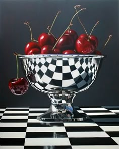 a painting of cherries in a checkered bowl on a black and white table