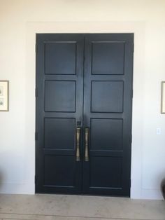 two black doors with gold handles in a white room