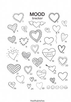 a coloring page with hearts and the words mood tracker on it, in black and white