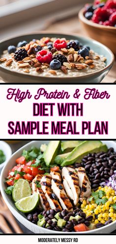 the high protein and fiber diet with sample meal plan is shown in three different bowls