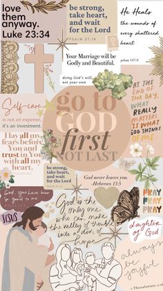 a collage of images with the words god first and other things in it, including flowers