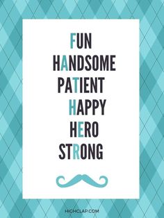 the words fun handsome patient happy hero strong on a checkered background with a mustache