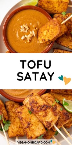 tofu satay on skewers in a bowl with garnishes