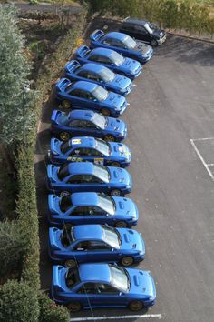 a row of blue sports cars parked in a parking lot next to bushes and trees