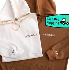 the next day shipping logo is shown on a brown and white hoodie with a green truck in the background