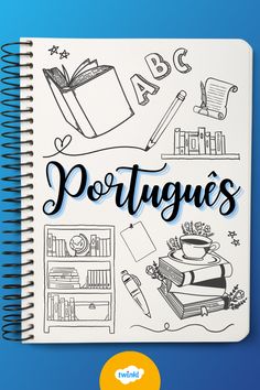 Caderno com capa de matéria de Português decorada com livros, estantes, canetas e rabiscos. School Book Covers, Flowery Wallpaper, School Notebooks, Lettering Tutorial, English Study, Fashion Drawing, Hand Lettering, Sofia, Vision Board