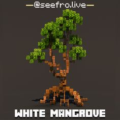 the white mancrue tree is made out of cubes and has green leaves on it